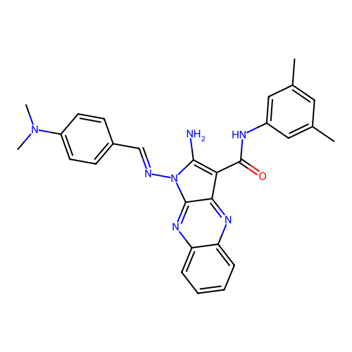 (E)-2-amino-1-((4-(dimethylamino)benzylidene)amino)-N-(3,5-dimethylphenyl)-1H-pyrrolo[2,3-b]quinoxaline-3-carboxamide structure