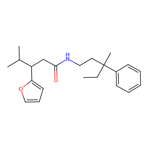 3-(furan-2-yl)-4-methyl-N-(3-methyl-3-phenylpentyl)pentanamide structure