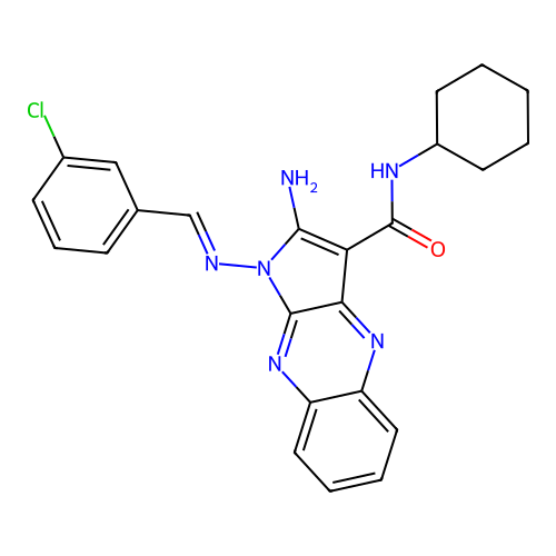 (E)-2-amino-1-((3-chlorobenzylidene)amino)-N-cyclohexyl-1H-pyrrolo[2,3-b]quinoxaline-3-carboxamide structure