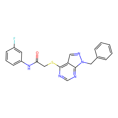 2-((1-benzyl-1H-pyrazolo[3,4-d]pyrimidin-4-yl)thio)-N-(3-fluorophenyl)acetamide structure