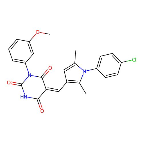 (5Z)-5-[[1-(4-chlorophenyl)-2,5-dimethylpyrrol-3-yl]methylidene]-1-(3-methoxyphenyl)-1,3-diazinane-2,4,6-trione structure