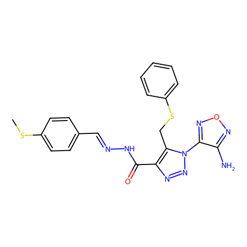 (E)-1-(4-amino-1,2,5-oxadiazol-3-yl)-N'-(4-(methylthio)benzylidene)-5-((phenylthio)methyl)-1H-1,2,3-triazole-4-carbohydrazide structure
