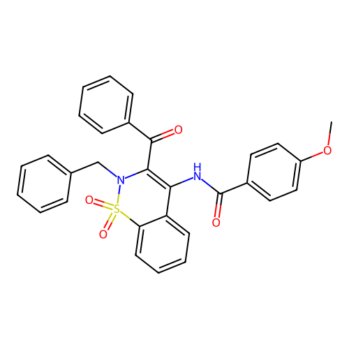N-(3-benzoyl-2-benzyl-1,1-dioxido-2H-1,2-benzothiazin-4-yl)-4-methoxybenzamide structure