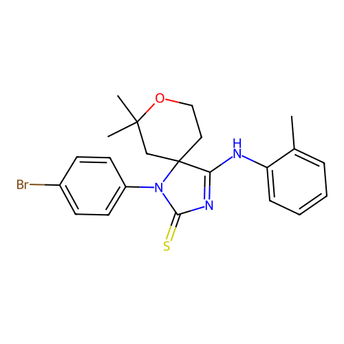 (4Z)-1-(4-bromophenyl)-7,7-dimethyl-4-[(2-methylphenyl)imino]-8-oxa-1,3-diazaspiro[4.5]dec-2-ene-2-thiol structure