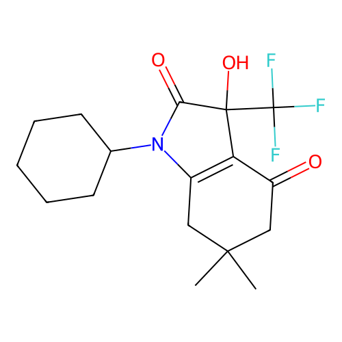 1-cyclohexyl-3-hydroxy-6,6-dimethyl-3-(trifluoromethyl)-5,7-dihydroindole-2,4-dione structure