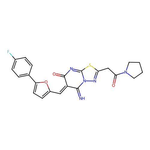 (6Z)-6-[[5-(4-fluorophenyl)furan-2-yl]methylidene]-5-imino-2-(2-oxo-2-pyrrolidin-1-ylethyl)-[1,3,4]thiadiazolo[3,2-a]pyrimidin-7-one structure