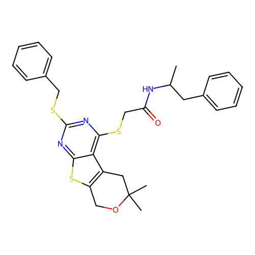 2-((2-(benzylthio)-6,6-dimethyl-6,8-dihydro-5H-pyrano[4',3':4,5]thieno[2,3-d]pyrimidin-4-yl)thio)-N-(1-phenylpropan-2-yl)acetamide structure