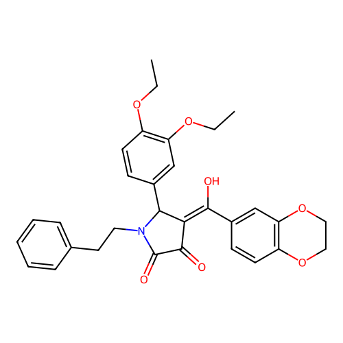 (4E)-5-(3,4-diethoxyphenyl)-4-[2,3-dihydro-1,4-benzodioxin-6-yl(hydroxy)methylidene]-1-(2-phenylethyl)pyrrolidine-2,3-dione structure