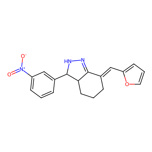 (E)-7-(furan-2-ylmethylene)-3-(3-nitrophenyl)-3,3a,4,5,6,7-hexahydro-2H-indazole structure