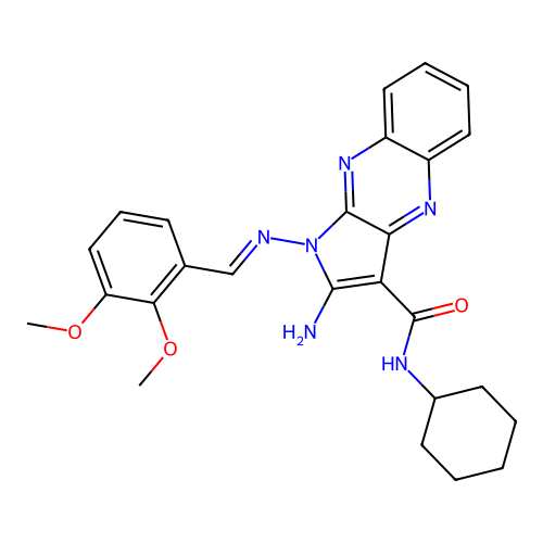 (E)-2-amino-N-cyclohexyl-1-((2,3-dimethoxybenzylidene)amino)-1H-pyrrolo[2,3-b]quinoxaline-3-carboxamide structure