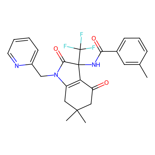N-(6,6-dimethyl-2,4-dioxo-1-(pyridin-2-ylmethyl)-3-(trifluoromethyl)-2,3,4,5,6,7-hexahydro-1H-indol-3-yl)-3-methylbenzamide structure