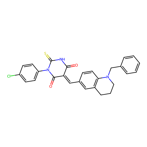 (5E)-5-[(1-benzyl-1,2,3,4-tetrahydroquinolin-6-yl)methylidene]-1-(4-chlorophenyl)-2-sulfanylpyrimidine-4,6(1H,5H)-dione structure