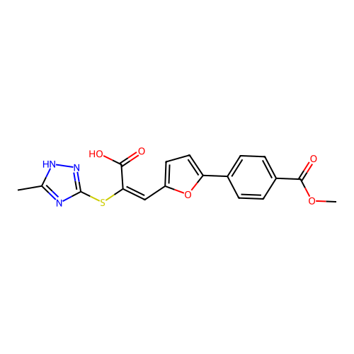 (2E)-3-{5-[4-(methoxycarbonyl)phenyl]furan-2-yl}-2-[(3-methyl-1H-1,2,4-triazol-4-ium-5-yl)sulfanyl]prop-2-enoate structure