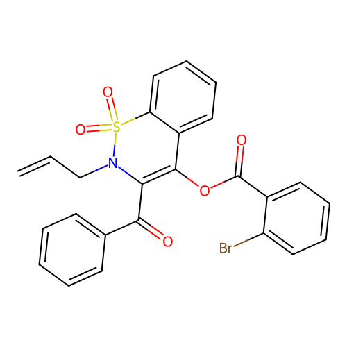 2-allyl-3-benzoyl-1,1-dioxido-2H-1,2-benzothiazin-4-yl 2-bromobenzoate structure