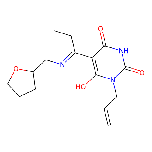 5-[1-(oxolan-2-ylmethylamino)propylidene]-1-prop-2-enyl-1,3-diazinane-2,4,6-trione structure