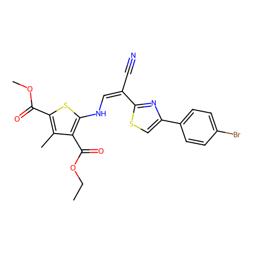 (Z)-4-ethyl 2-methyl 5-((2-(4-(4-bromophenyl)thiazol-2-yl)-2-cyanovinyl)amino)-3-methylthiophene-2,4-dicarboxylate structure