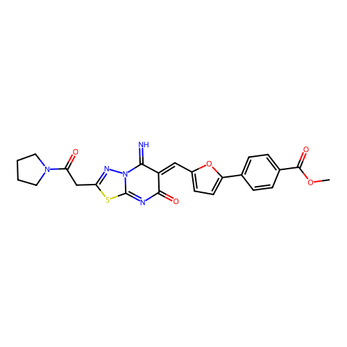 (Z)-methyl 4-(5-((5-imino-7-oxo-2-(2-oxo-2-(pyrrolidin-1-yl)ethyl)-5H-[1,3,4]thiadiazolo[3,2-a]pyrimidin-6(7H)-ylidene)methyl)furan-2-yl)benzoate structure