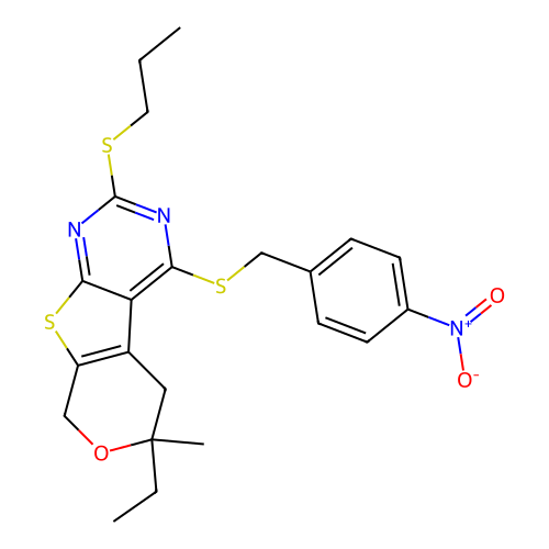 6-ethyl-6-methyl-4-((4-nitrobenzyl)thio)-2-(propylthio)-6,8-dihydro-5H-pyrano[4',3':4,5]thieno[2,3-d]pyrimidine structure