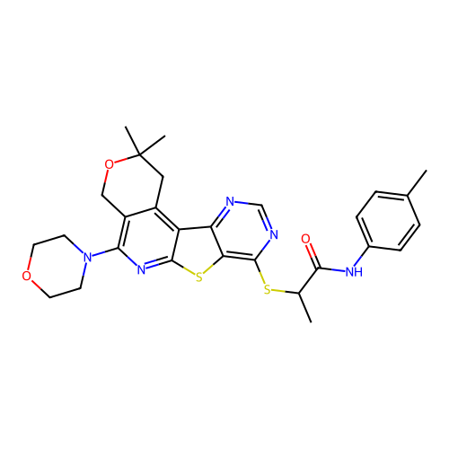 2-((2,2-dimethyl-5-morpholino-2,4-dihydro-1H-pyrano[4'',3'':4',5']pyrido[3',2':4,5]thieno[3,2-d]pyrimidin-8-yl)thio)-N-(p-tolyl)propanamide structure