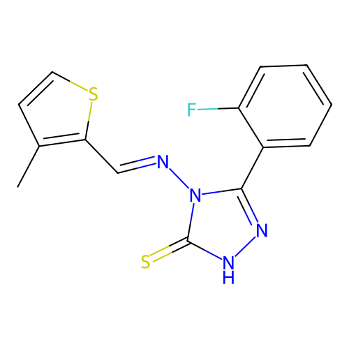 4-[(1E)-2-(3-methyl(2-thienyl))-1-azavinyl]-5-(2-fluorophenyl)-1,2,4-triazole- 3-thiol structure
