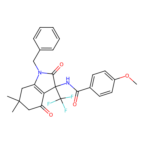 N-[1-benzyl-6,6-dimethyl-2,4-dioxo-3-(trifluoromethyl)-2,3,4,5,6,7-hexahydro-1H-indol-3-yl]-4-methoxybenzamide structure