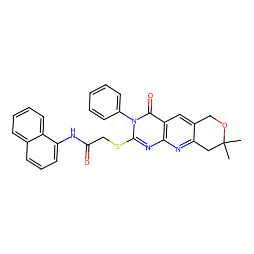 2-((8,8-dimethyl-4-oxo-3-phenyl-4,6,8,9-tetrahydro-3H-pyrano[3',4':5,6]pyrido[2,3-d]pyrimidin-2-yl)thio)-N-(naphthalen-1-yl)acetamide structure