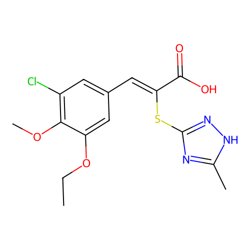 (2Z)-3-(3-chloro-5-ethoxy-4-methoxyphenyl)-2-[(3-methyl-1H-1,2,4-triazol-4-ium-5-yl)sulfanyl]prop-2-enoate structure