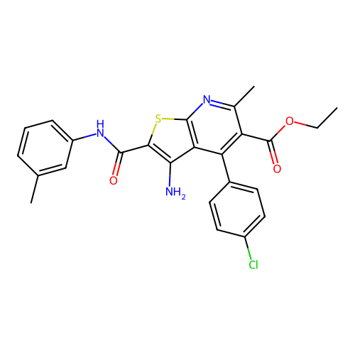 ethyl 3-amino-4-(4-chlorophenyl)-6-methyl-2-[(3-methylphenyl)carbamoyl]thieno[2,3-b]pyridine-5-carboxylate structure