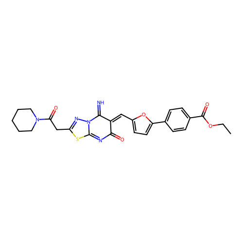 (Z)-ethyl 4-(5-((5-imino-7-oxo-2-(2-oxo-2-(piperidin-1-yl)ethyl)-5H-[1,3,4]thiadiazolo[3,2-a]pyrimidin-6(7H)-ylidene)methyl)furan-2-yl)benzoate structure