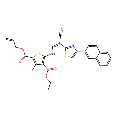 (Z)-2-allyl 4-ethyl 5-((2-cyano-2-(4-(naphthalen-2-yl)thiazol-2-yl)vinyl)amino)-3-methylthiophene-2,4-dicarboxylate structure