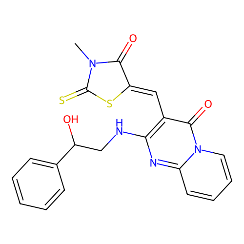 2-[(2-hydroxy-2-phenylethyl)amino]-3-[(Z)-(3-methyl-4-oxo-2-thioxo-1,3-thiazolidin-5-ylidene)methyl]-4H-pyrido[1,2-a]pyrimidin-4-one structure