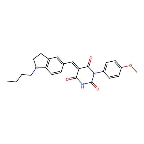 5-((1-butylindolin-5-yl)methylene)-1-(4-methoxyphenyl)pyrimidine-2,4,6(1H,3H,5H)-trione structure