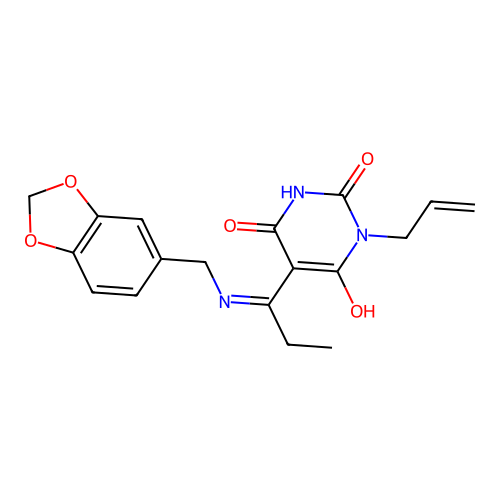 (5E)-1-allyl-5-[1-(piperonylamino)propylidene]barbituric acid structure