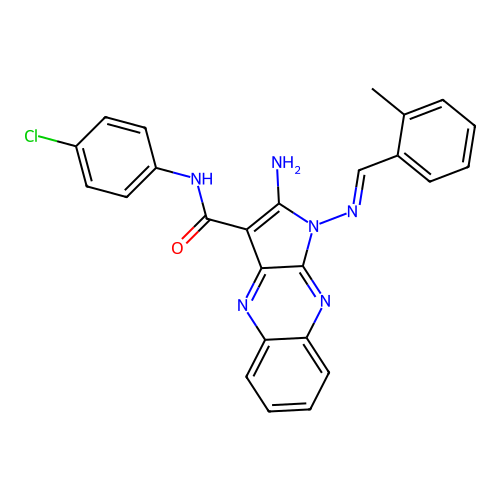(E)-2-amino-N-(4-chlorophenyl)-1-((2-methylbenzylidene)amino)-1H-pyrrolo[2,3-b]quinoxaline-3-carboxamide structure
