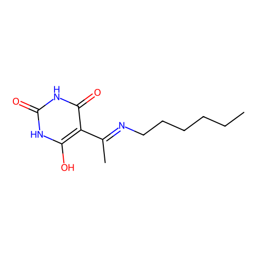 (5Z)-5-[1-(hexylamino)ethylidene]-2,6-dihydroxypyrimidin-4(5H)-one structure
