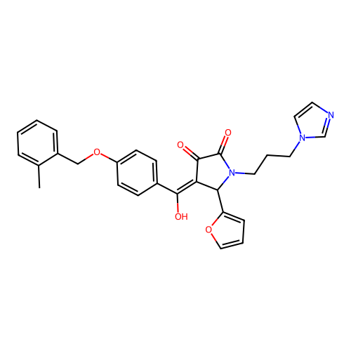 (4E)-5-(furan-2-yl)-4-[hydroxy-[4-[(2-methylphenyl)methoxy]phenyl]methylidene]-1-(3-imidazol-1-ylpropyl)pyrrolidine-2,3-dione structure