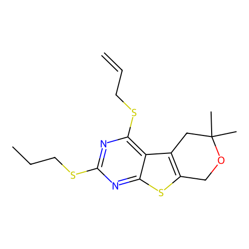 4-(allylthio)-6,6-dimethyl-2-(propylthio)-6,8-dihydro-5H-pyrano[4',3':4,5]thieno[2,3-d]pyrimidine structure