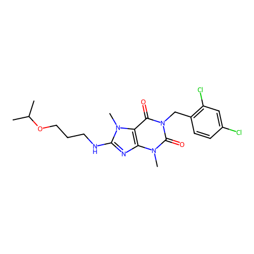 1-[(2,4-dichlorophenyl)methyl]-3,7-dimethyl-8-(3-propan-2-yloxypropylamino)purine-2,6-dione structure