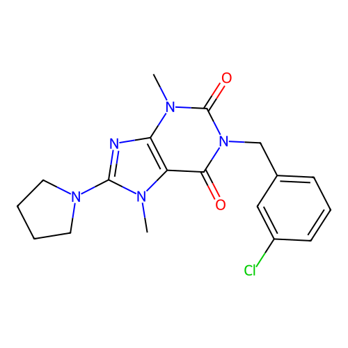 1-[(3-chlorophenyl)methyl]-3,7-dimethyl-8-pyrrolidin-1-ylpurine-2,6-dione structure