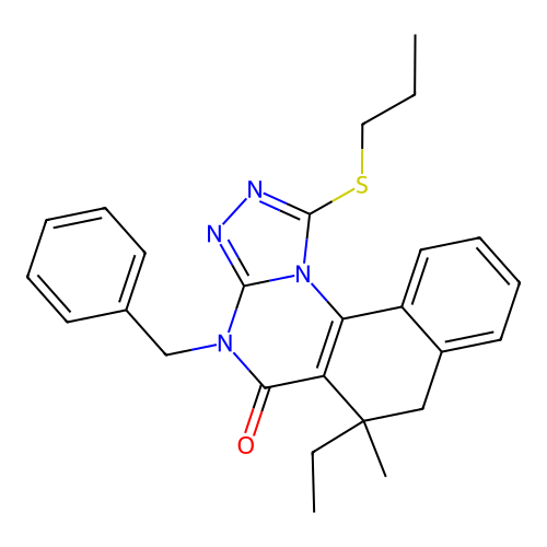 4-benzyl-6-ethyl-6-methyl-1-(propylsulfanyl)-6,7-dihydrobenzo[h][1,2,4]triazolo[4,3-a]quinazolin-5(4H)-one structure