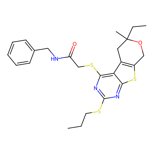 N-benzyl-2-((6-ethyl-6-methyl-2-(propylthio)-6,8-dihydro-5H-pyrano[4',3':4,5]thieno[2,3-d]pyrimidin-4-yl)thio)acetamide structure