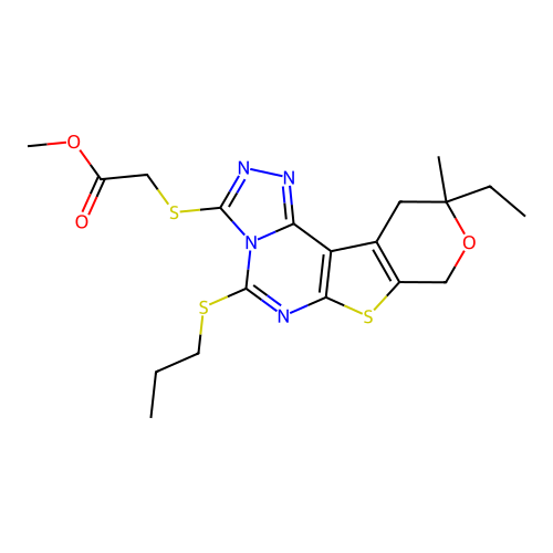 methyl {[10-ethyl-10-methyl-5-(propylsulfanyl)-10,11-dihydro-8H-pyrano[4',3':4,5]thieno[3,2-e][1,2,4]triazolo[4,3-c]pyrimidin-3-yl]sulfanyl}acetate structure