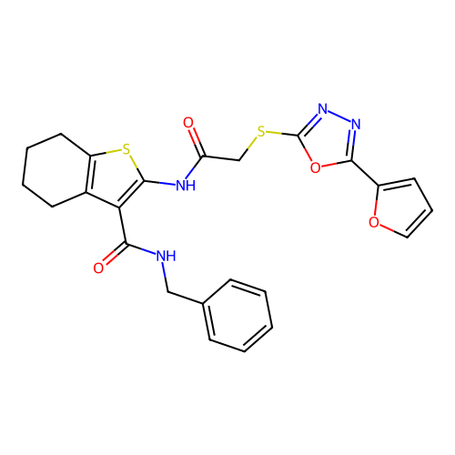 N-benzyl-2-(2-((5-(furan-2-yl)-1,3,4-oxadiazol-2-yl)thio)acetamido)-4,5,6,7-tetrahydrobenzo[b]thiophene-3-carboxamide structure