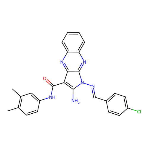 (E)-2-amino-1-((4-chlorobenzylidene)amino)-N-(3,4-dimethylphenyl)-1H-pyrrolo[2,3-b]quinoxaline-3-carboxamide structure