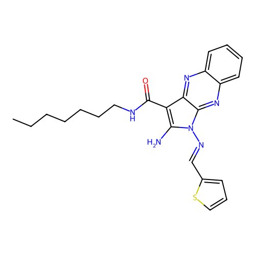 (E)-2-amino-N-heptyl-1-((thiophen-2-ylmethylene)amino)-1H-pyrrolo[2,3-b]quinoxaline-3-carboxamide structure