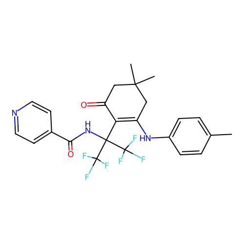 N-(2-(4,4-dimethyl-6-oxo-2-(p-tolylamino)cyclohex-1-en-1-yl)-1,1,1,3,3,3-hexafluoropropan-2-yl)isonicotinamide structure