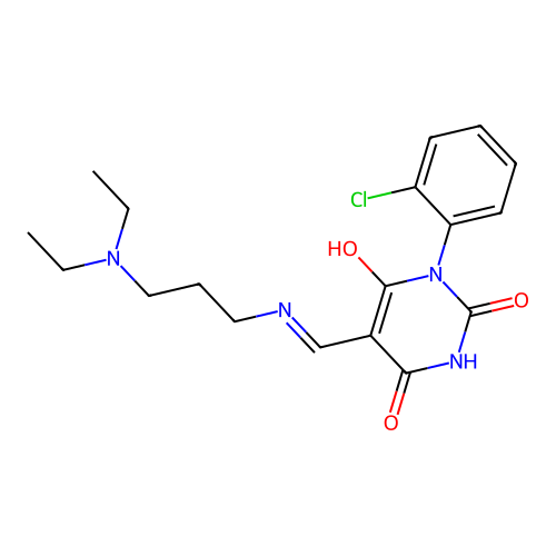 1-(2-chlorophenyl)-5-[(3-diethylaminopropylamino)methylidene]-1,3-diazinane-2,4,6-trione structure