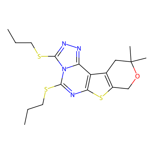 10,10-dimethyl-3,5-bis(propylsulfanyl)-10,11-dihydro-8H-pyrano[4',3':4,5]thieno[3,2-e][1,2,4]triazolo[4,3-c]pyrimidine structure