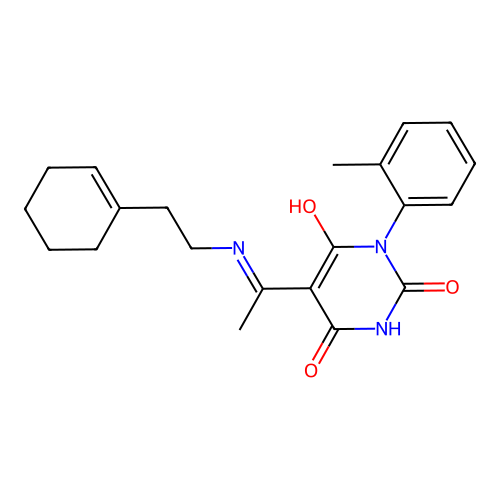 (5E)-5-(1-{[2-(cyclohex-1-en-1-yl)ethyl]amino}ethylidene)-6-hydroxy-3-(2-methylphenyl)pyrimidine-2,4(3H,5H)-dione structure