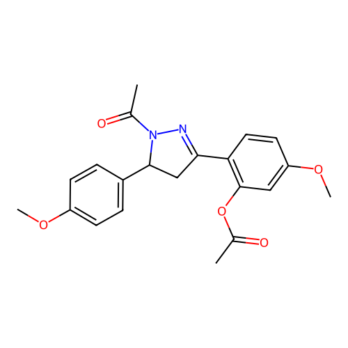 [2-[2-acetyl-3-(4-methoxyphenyl)-3,4-dihydropyrazol-5-yl]-5-methoxyphenyl] acetate structure